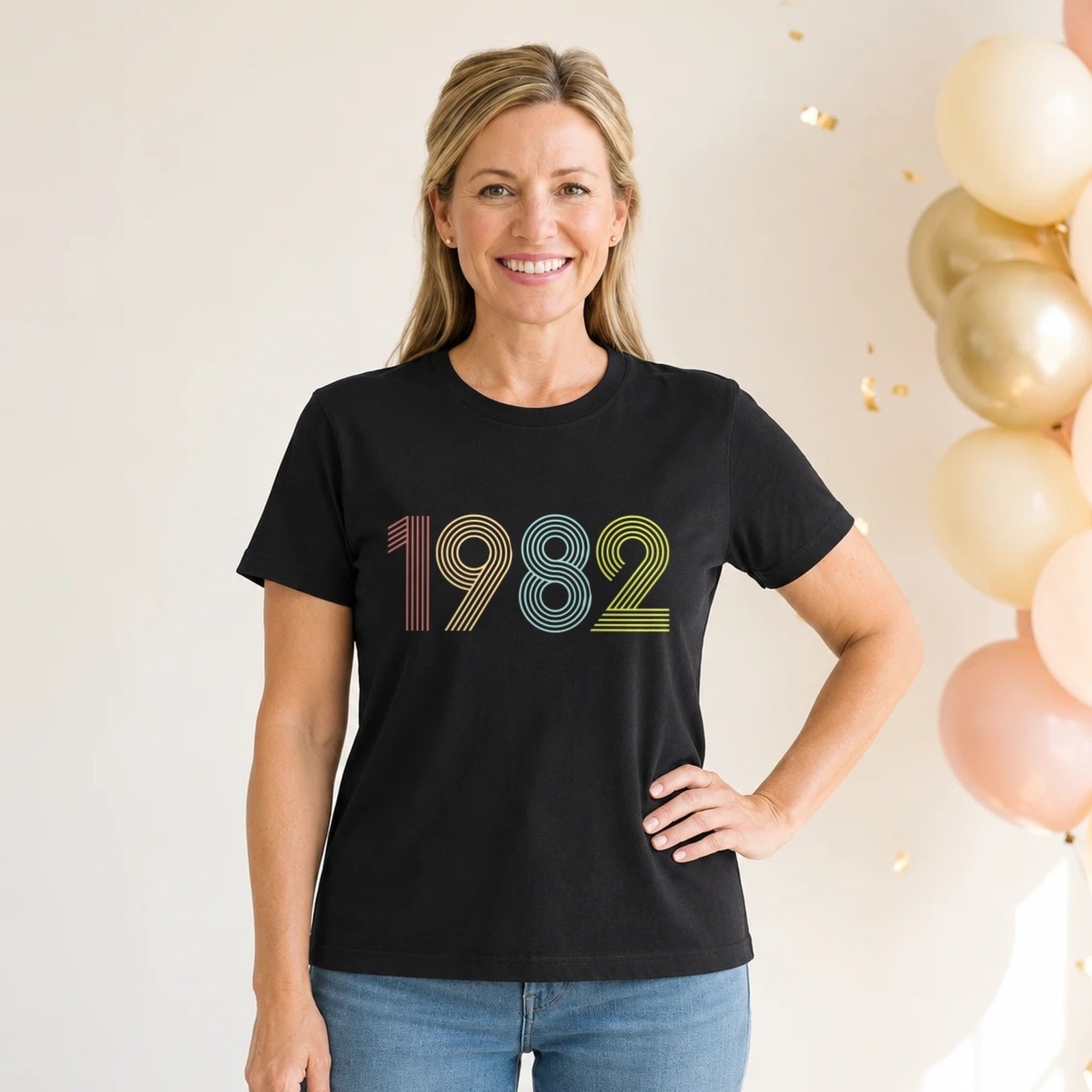 1982 Birth Year Shirt - Retro 44th Birthday T-Shirt for Women - Black Round Neck
