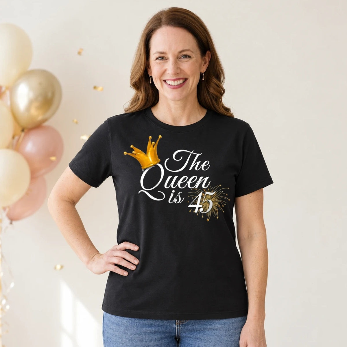 The Queen Is 45 - 45th Birthday Queen T-Shirt for Women - Black Round Neck