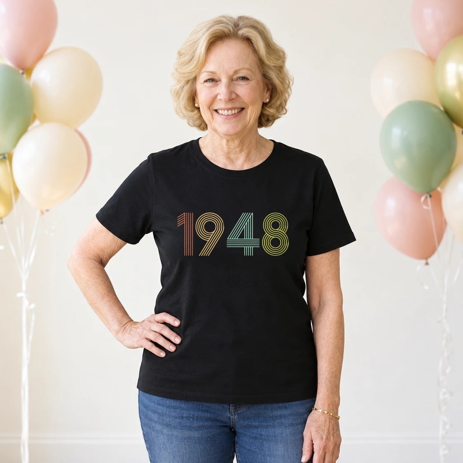 1948 Birth Year Shirt - Retro 78th Birthday T-Shirt for Women - Black Round Neck