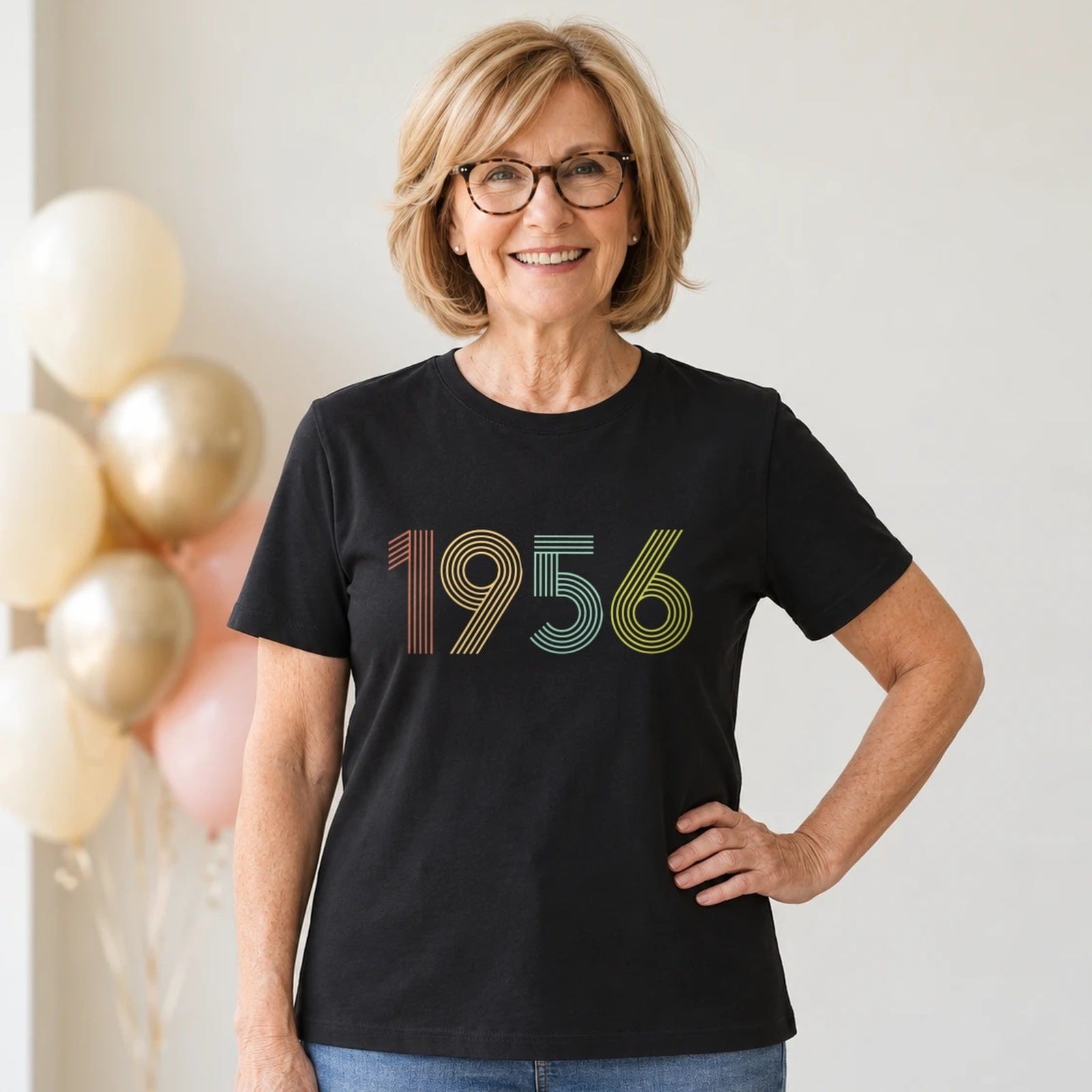 1956 Birth Year Shirt - Retro 70th Birthday T-Shirt for Women - Black Round Neck