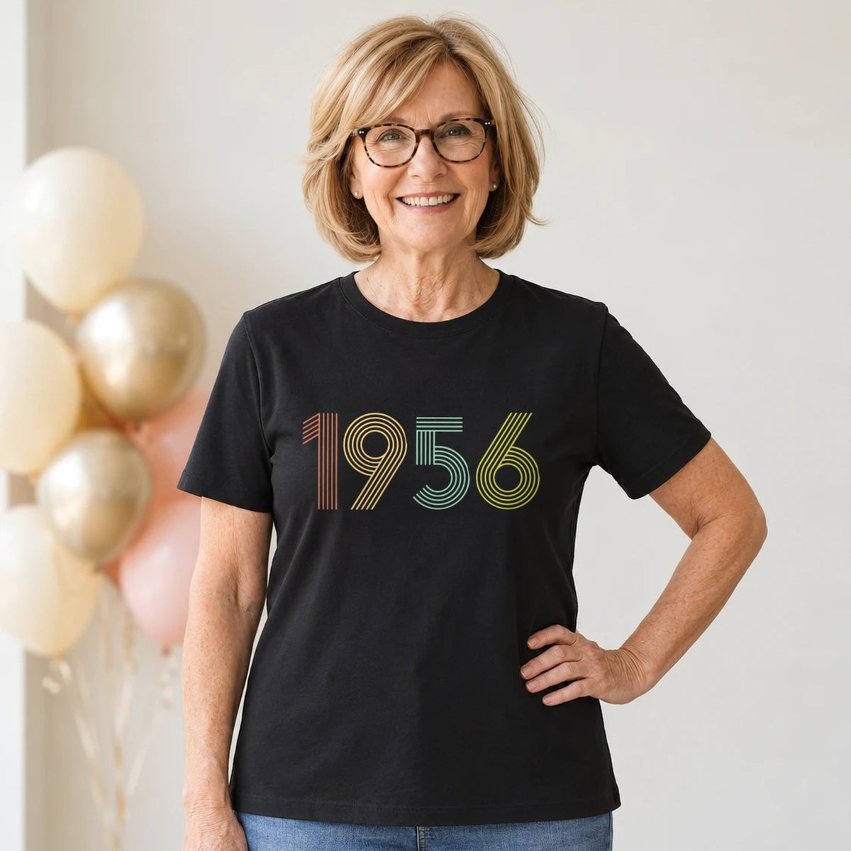 1956 Birth Year Shirt - Retro 70th Birthday T-Shirt for Women - Black Round Neck