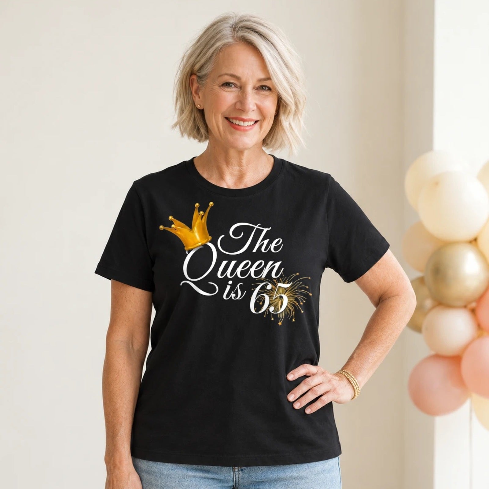 The Queen Is 65 - 65th Birthday Queen T-Shirt for Women - Black Round Neck