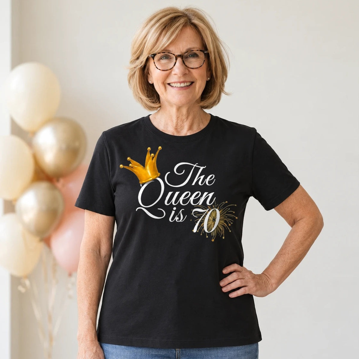 The Queen Is 70 - 70th Birthday Queen T-Shirt for Women - Black Round Neck
