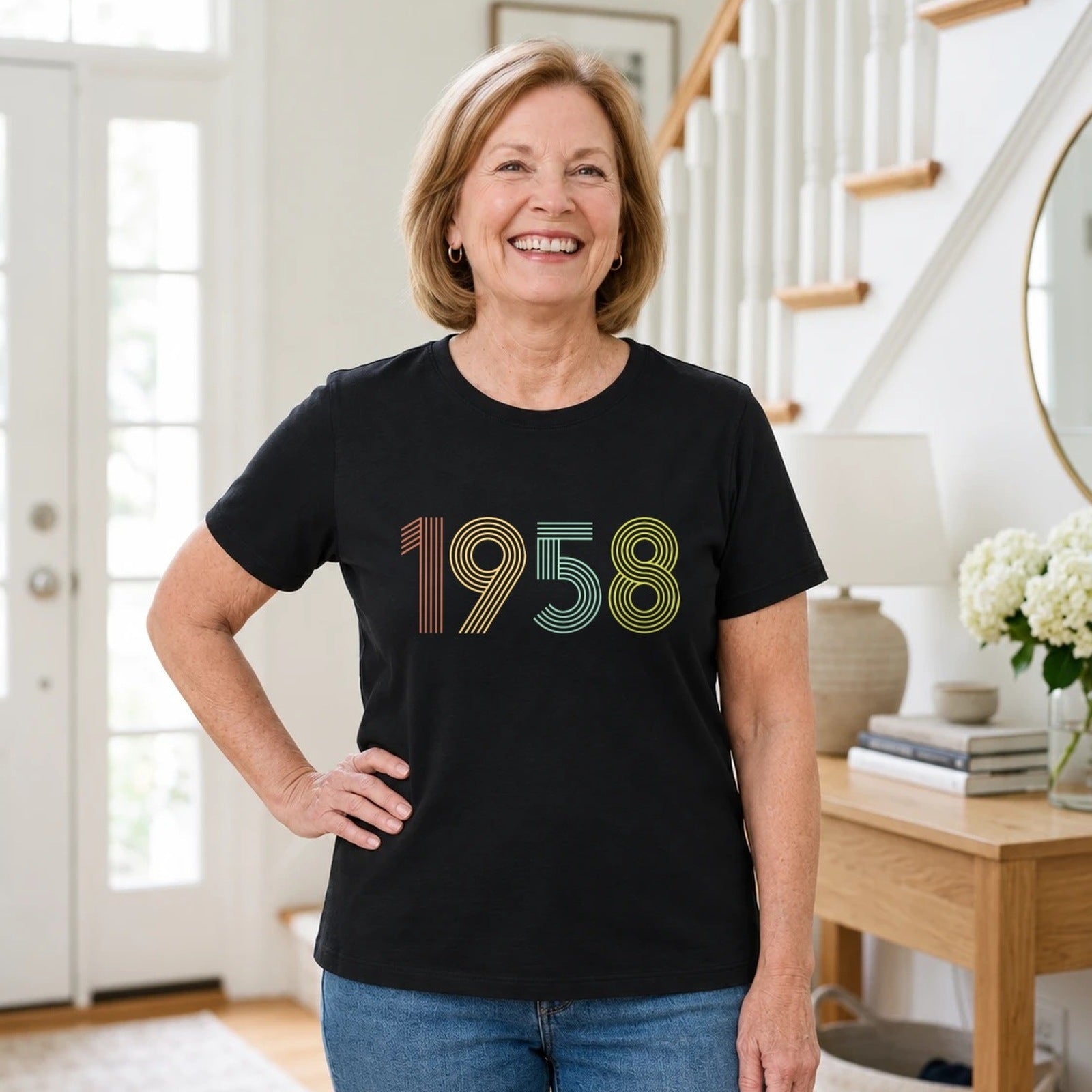 1958 Birth Year Shirt - Retro 68th Birthday T-Shirt for Women - Black Round Neck