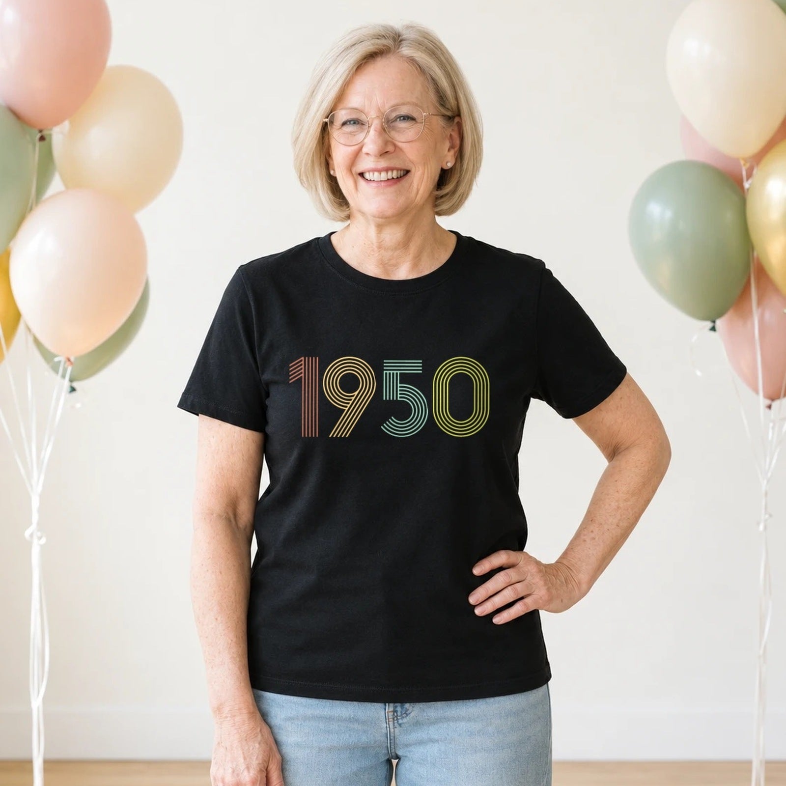 1950 Birth Year Shirt - Retro 76th Birthday T-Shirt for Women - Black Round Neck
