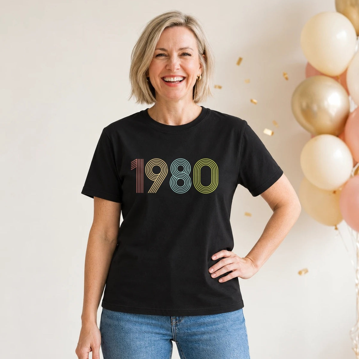 1980 Birth Year Shirt - Retro 46th Birthday T-Shirt for Women - Black Round Neck