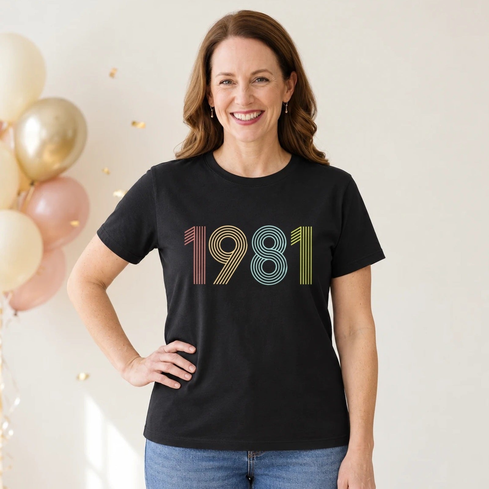 1981 Birth Year Shirt - Retro 45th Birthday T-Shirt for Women - Black Round Neck