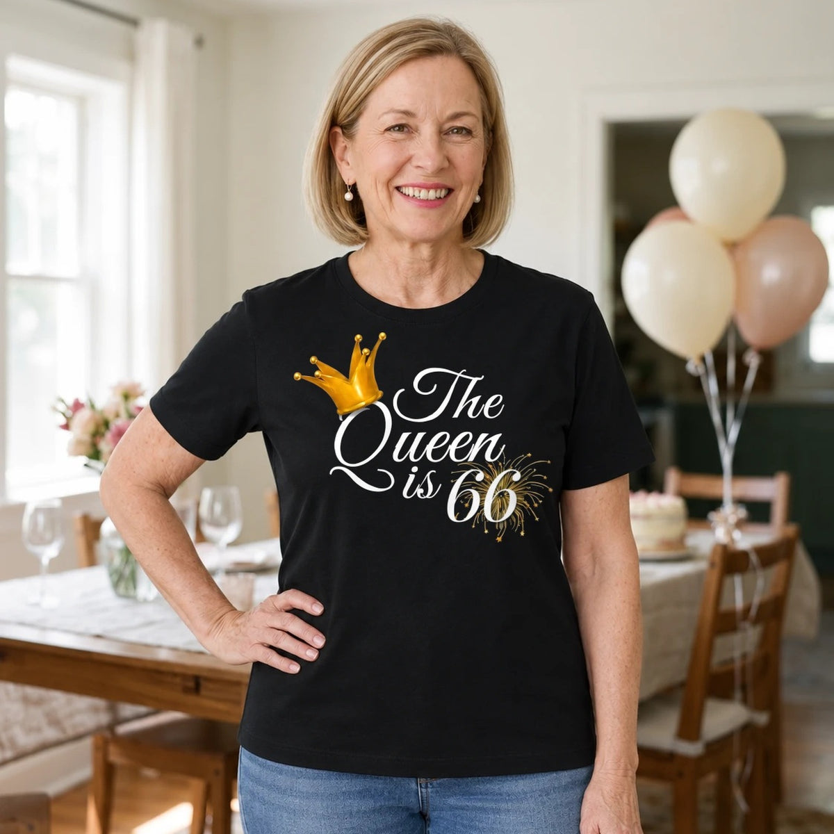 The Queen Is 66 - 66th Birthday Queen T-Shirt for Women - Black Round Neck