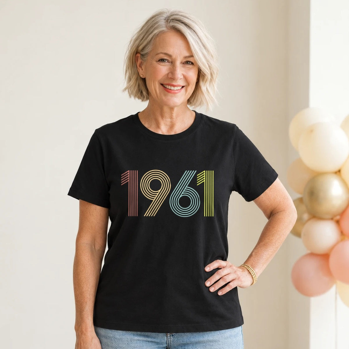 1961 Birth Year Shirt - Retro 65th Birthday T-Shirt for Women - Black Round Neck