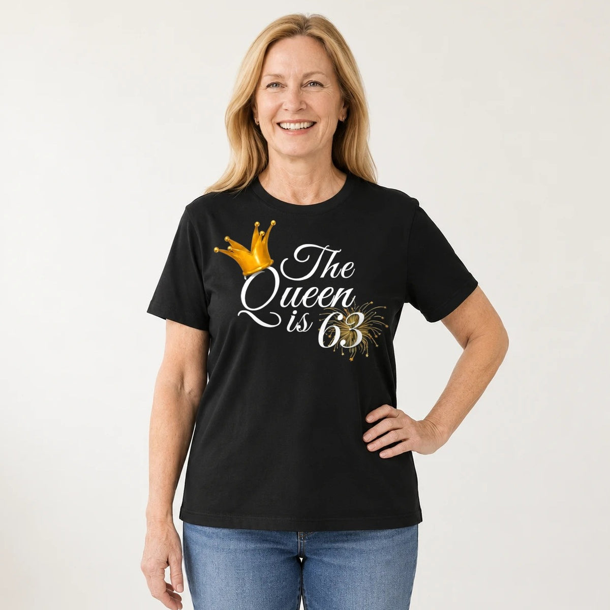 The Queen Is 63 - 63rd Birthday Queen T-Shirt for Women - Black Round Neck
