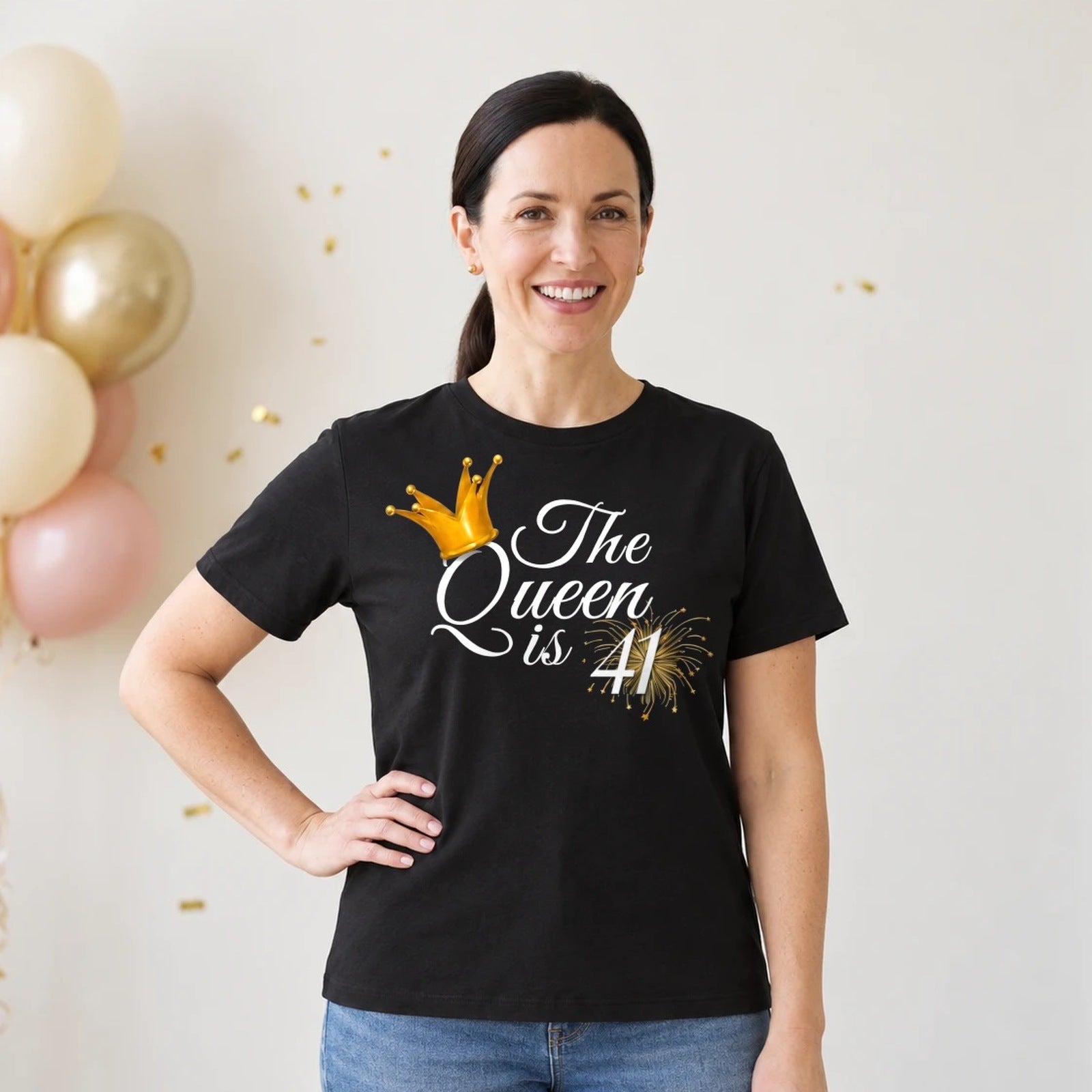 The Queen Is 41 - 41st Birthday Queen T-Shirt for Women - Black Round Neck
