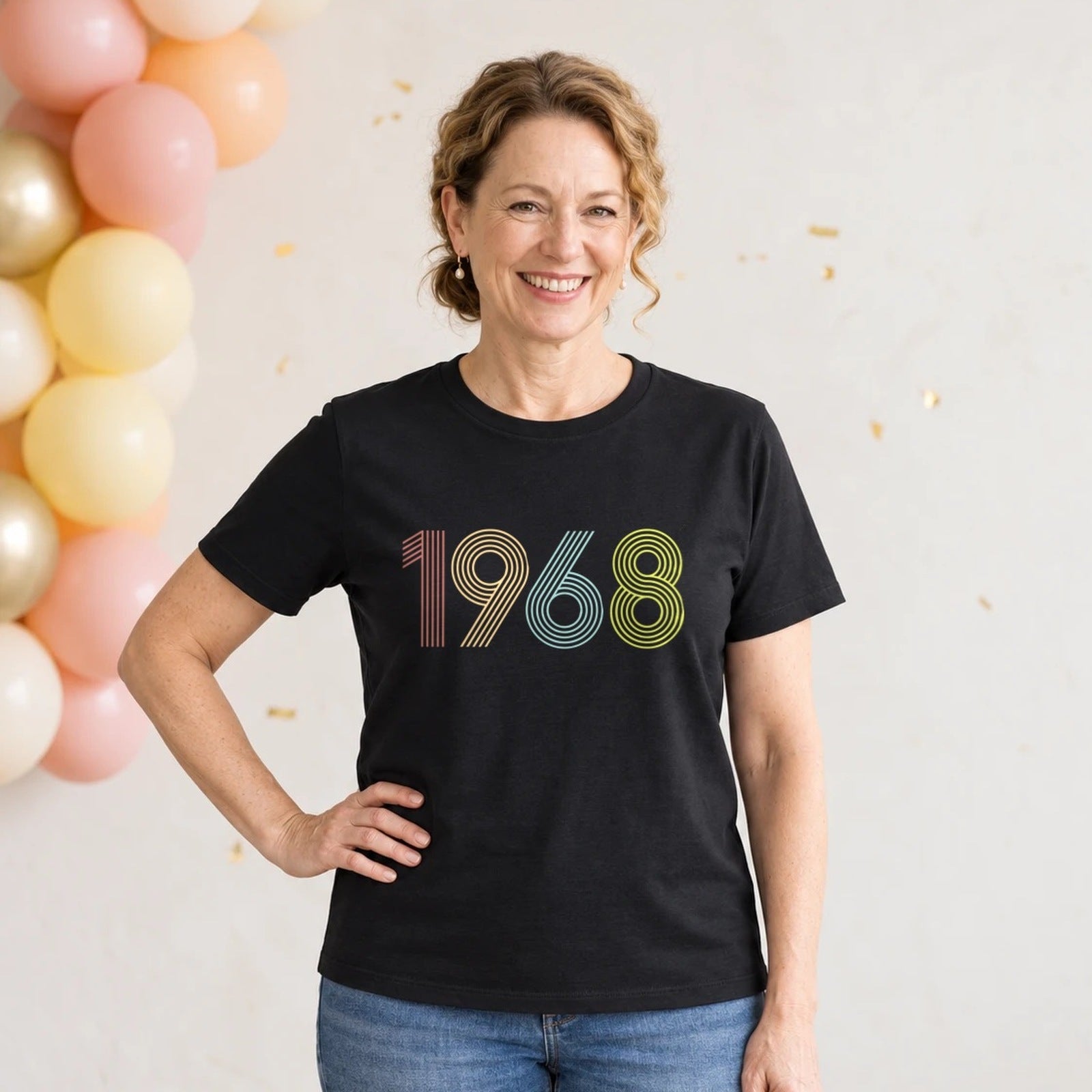 1968 Birth Year Shirt - Retro 58th Birthday T-Shirt for Women - Black Round Neck