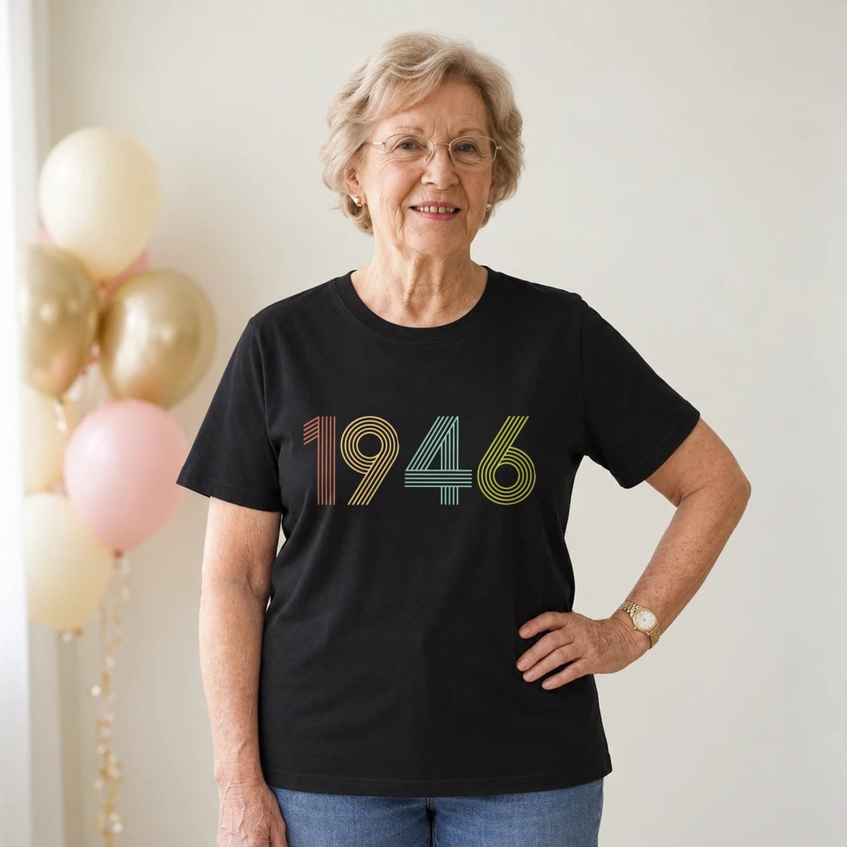 1946 Birth Year Shirt - Retro 80th Birthday T-Shirt for Women - Black Round Neck