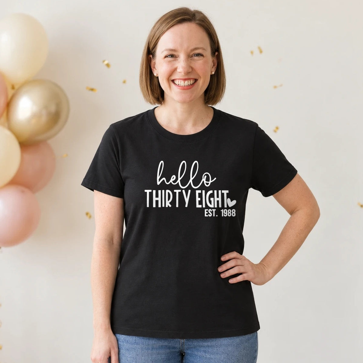 Hello Thirty-Eight 38th Birthday T-Shirt for Women - Est. 1988 - Black Round Neck