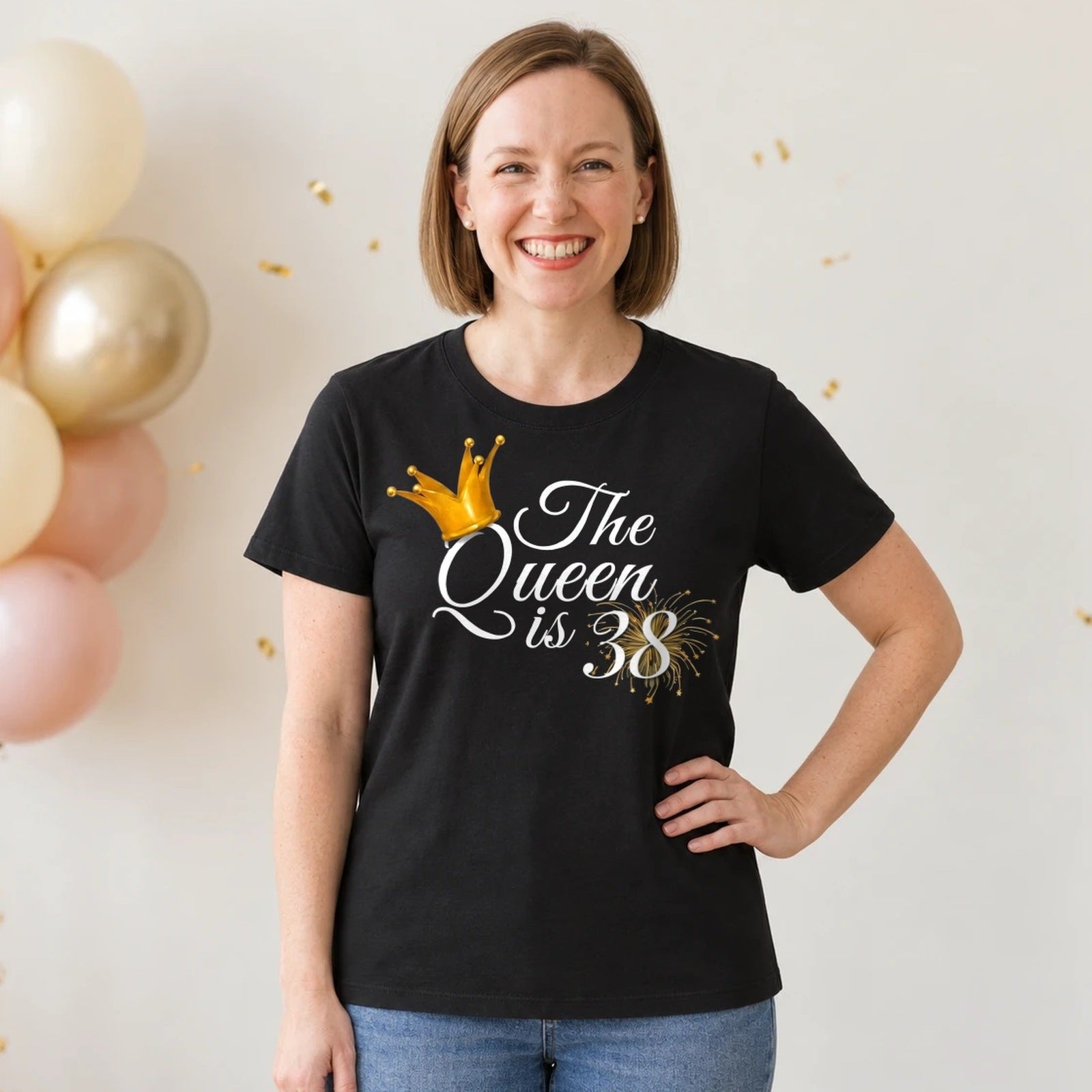 The Queen Is 38 - 38th Birthday Queen T-Shirt for Women - Black Round Neck