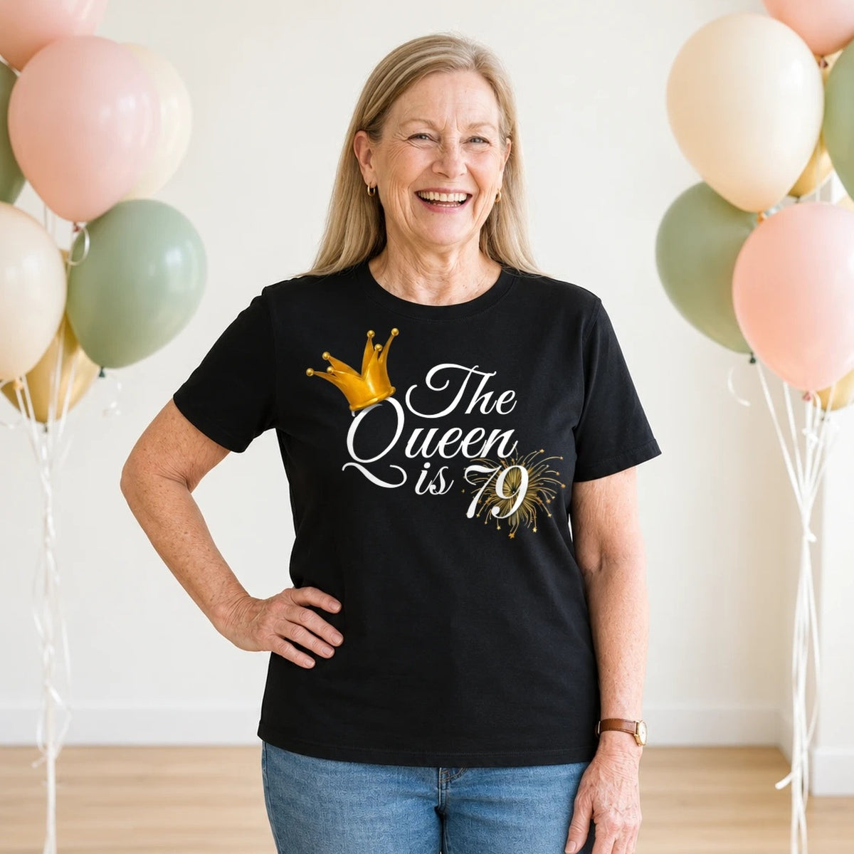 The Queen Is 79 - 79th Birthday Queen T-Shirt for Women - Black Round Neck