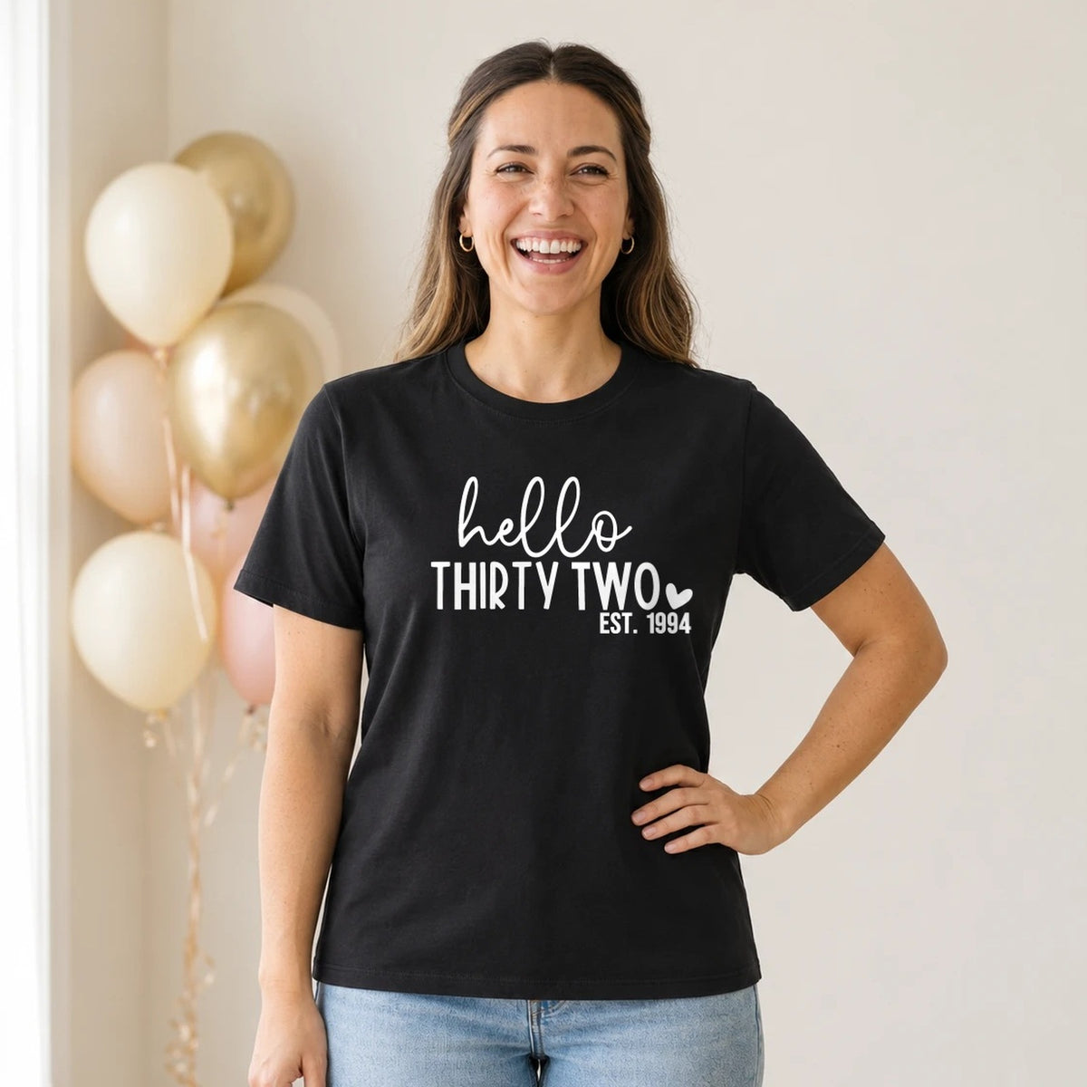 Hello Thirty-Two 32nd Birthday T-Shirt for Women - Est. 1994 - Black Round Neck