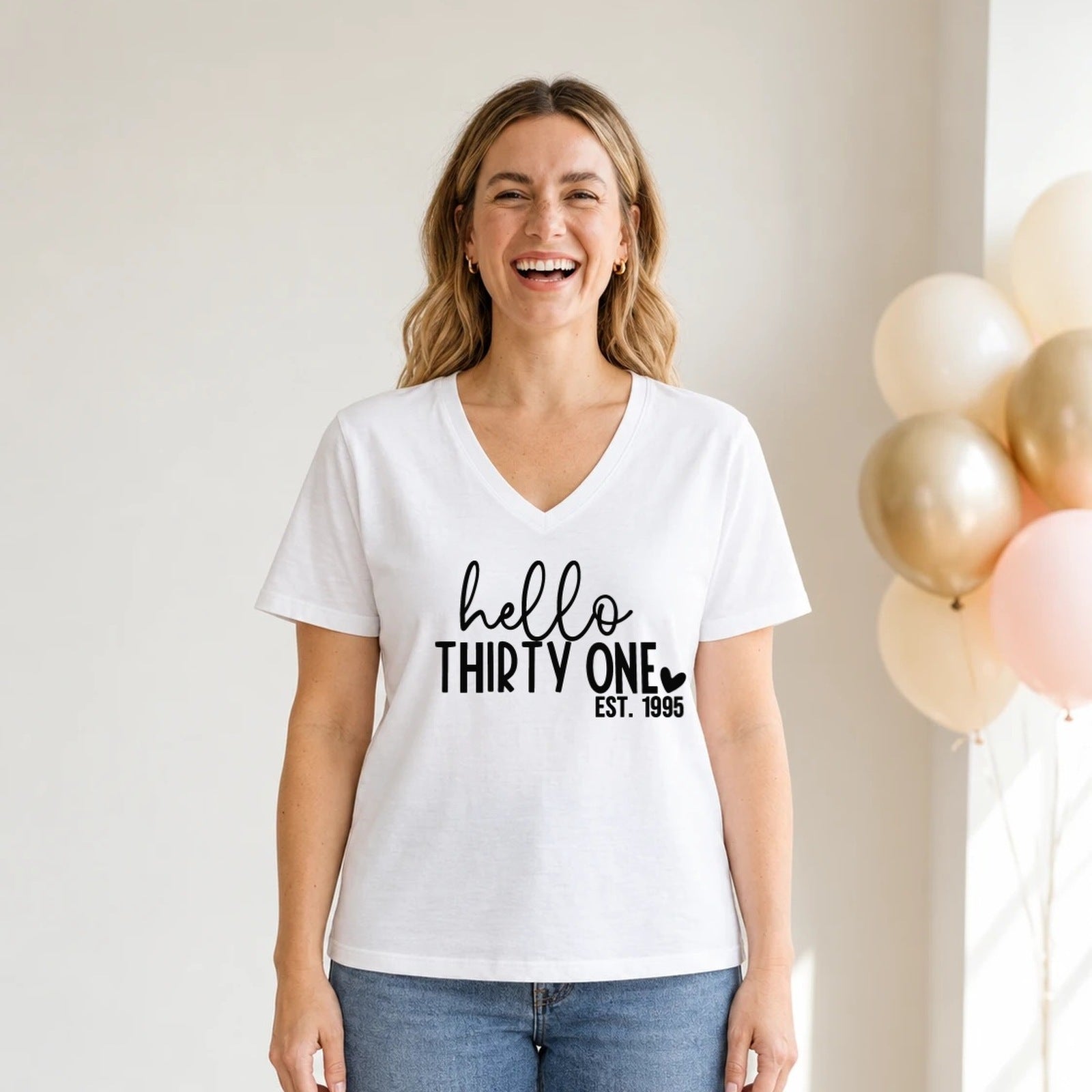 Hello Thirty-One 31st Birthday T-Shirt for Women - Est. 1995 - White V-Neck
