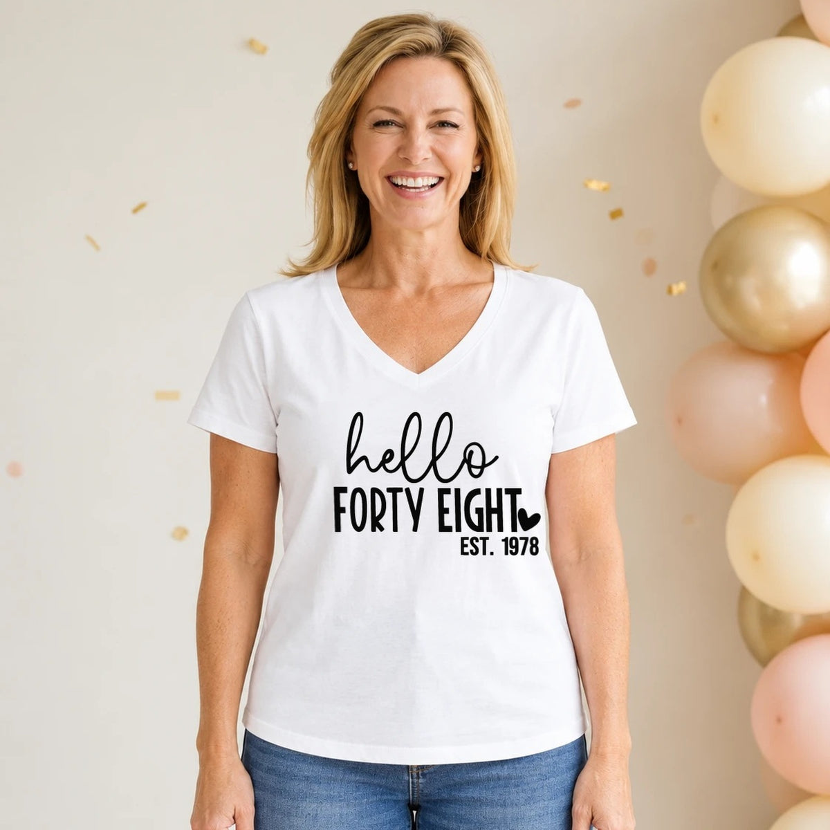 Hello Forty-Eight 48th Birthday T-Shirt for Women - Est. 1978 - White V-Neck