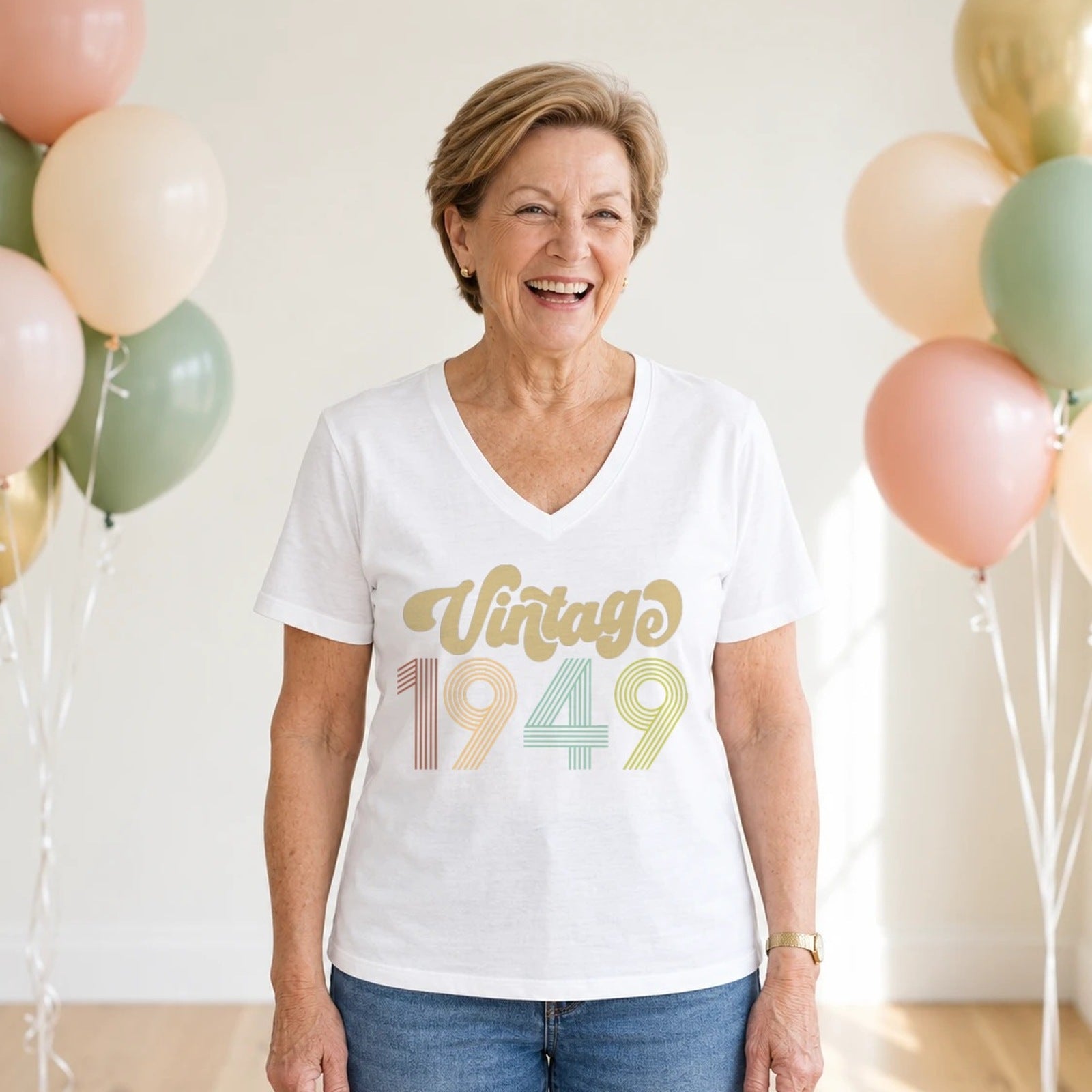 Vintage 1949 - Retro 77th Birthday T-Shirt for Women - White V-Neck