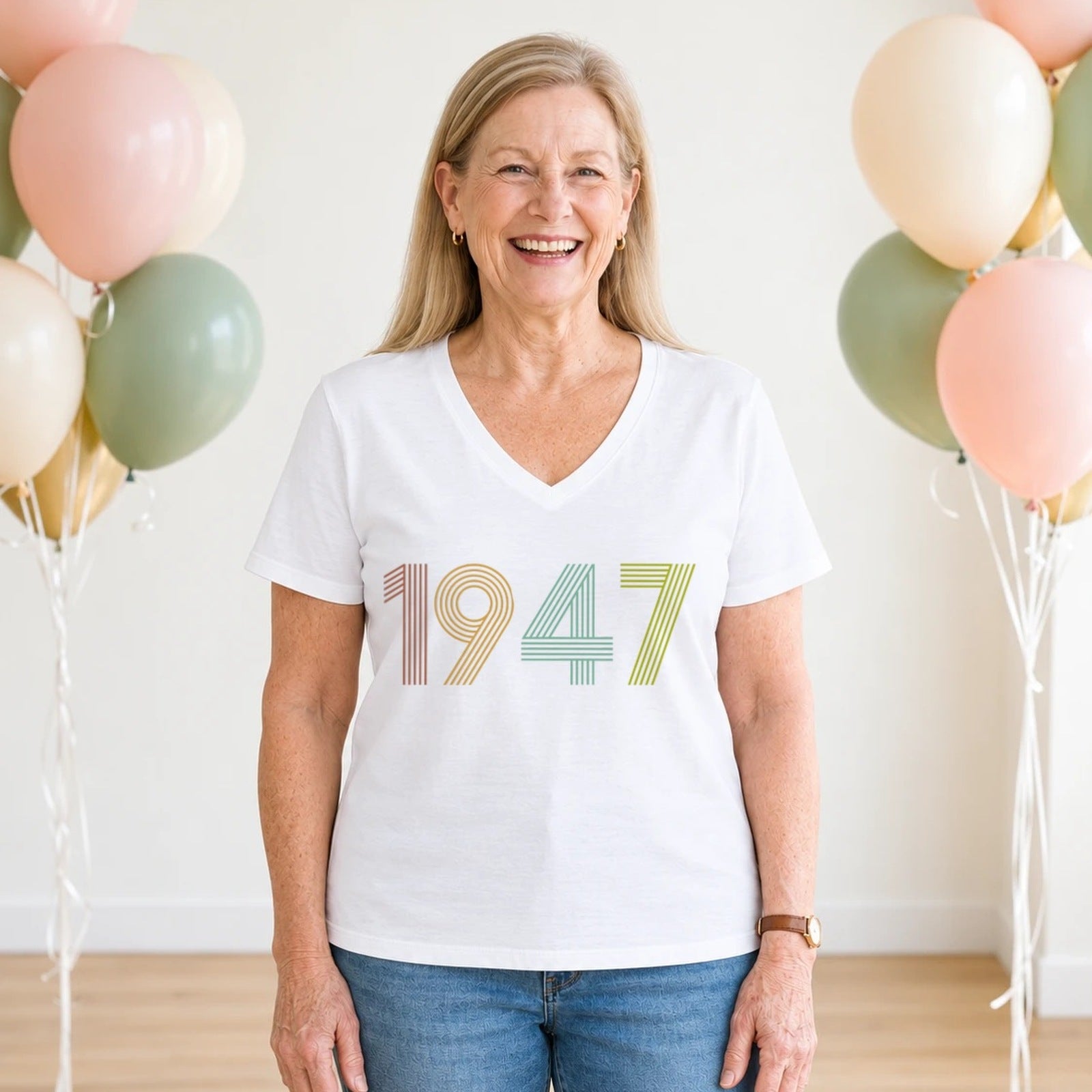 1947 Birth Year Shirt - Retro 79th Birthday T-Shirt for Women - White V-Neck