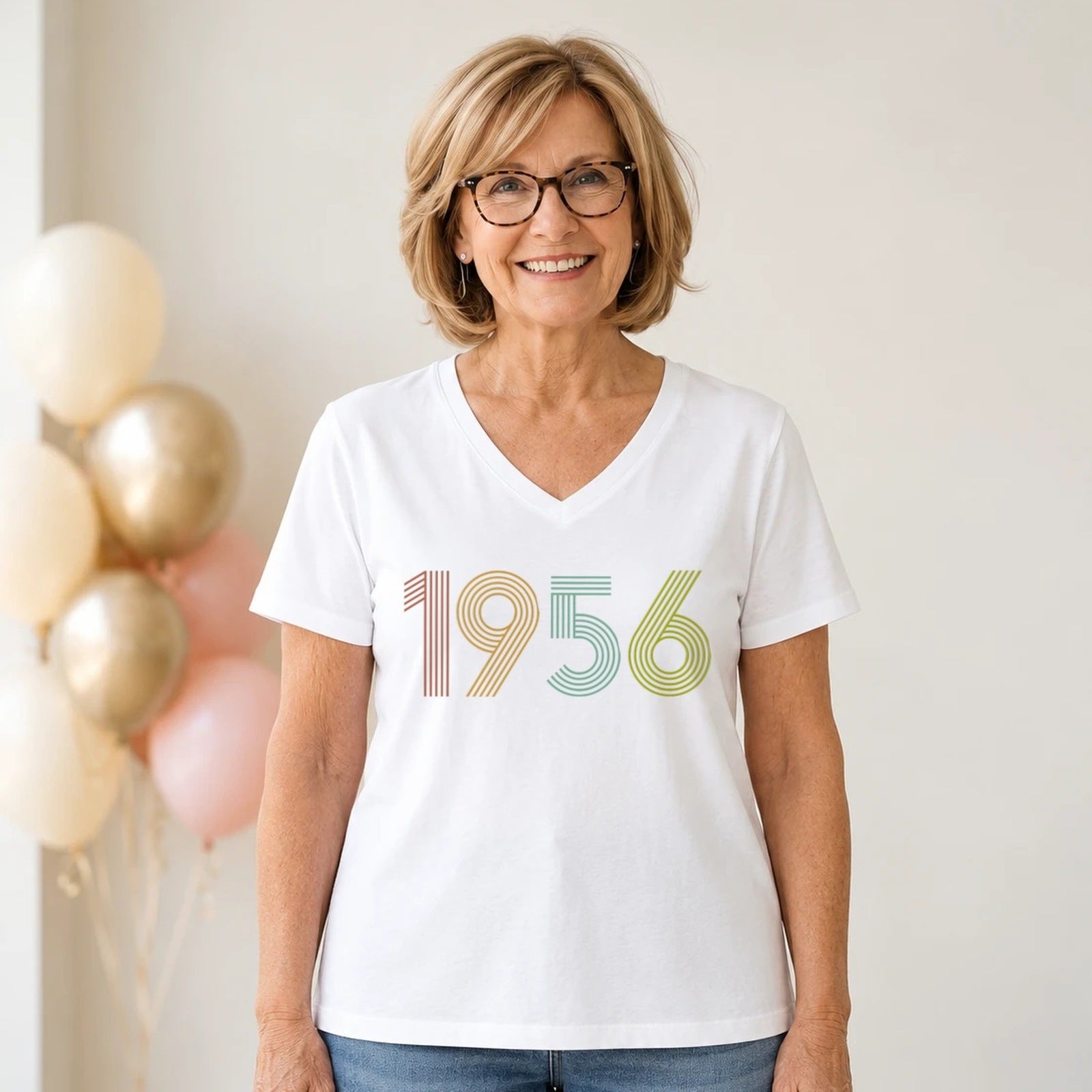 1956 Birth Year Shirt - Retro 70th Birthday T-Shirt for Women - White V-Neck