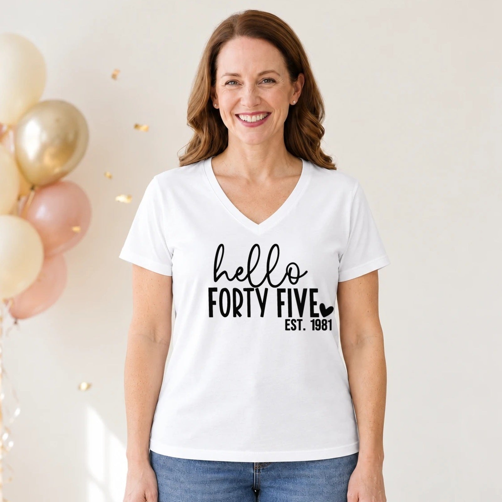 Hello Forty-Five 45th Birthday T-Shirt for Women - Est. 1981 - White V-Neck