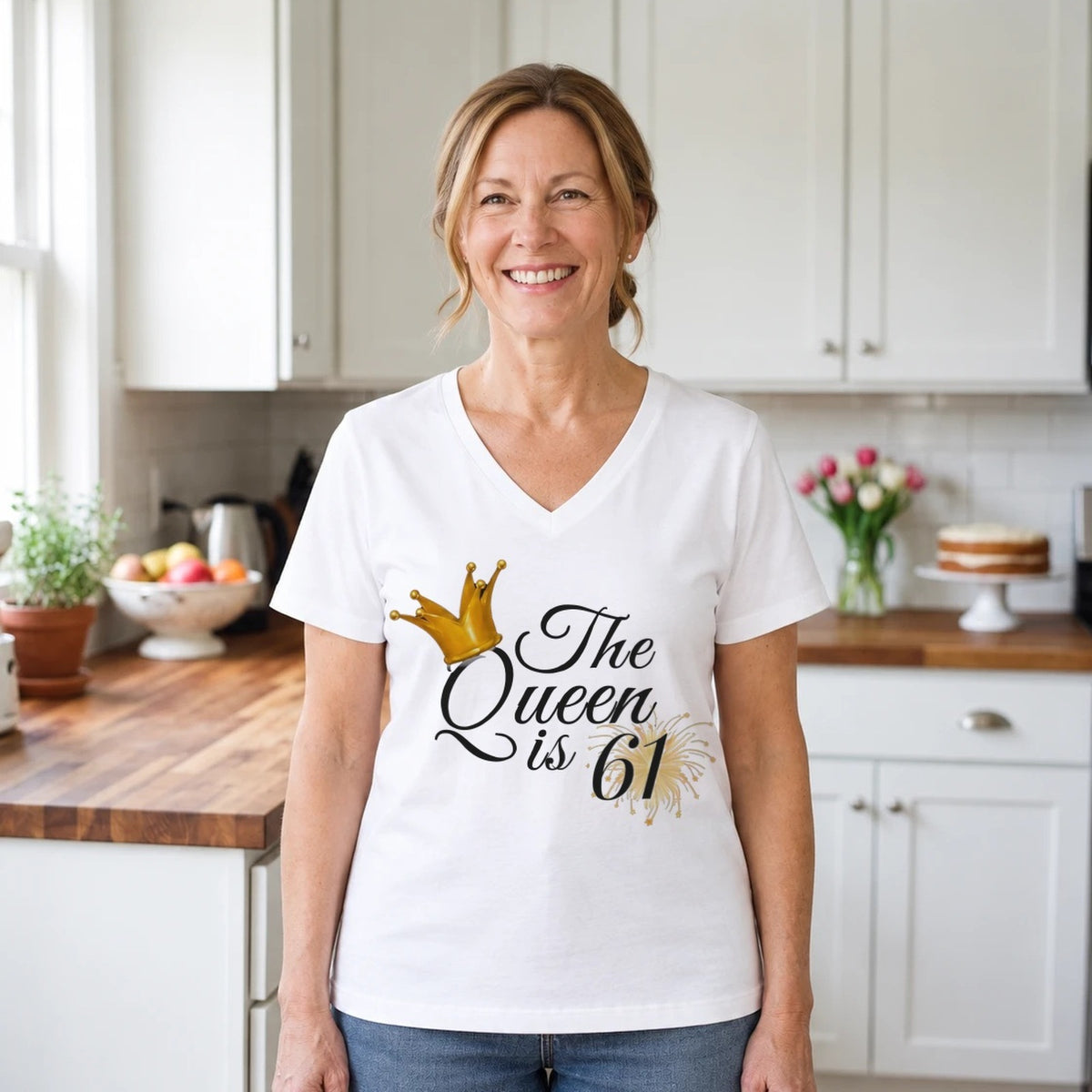 The Queen Is 61 - 61st Birthday Queen T-Shirt for Women - White V-Neck