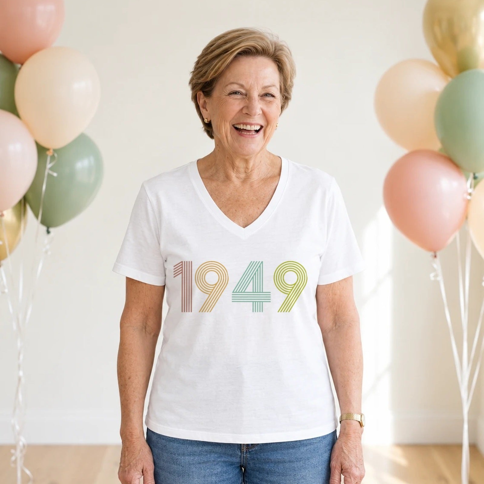1949 Birth Year Shirt - Retro 77th Birthday T-Shirt for Women - White V-Neck