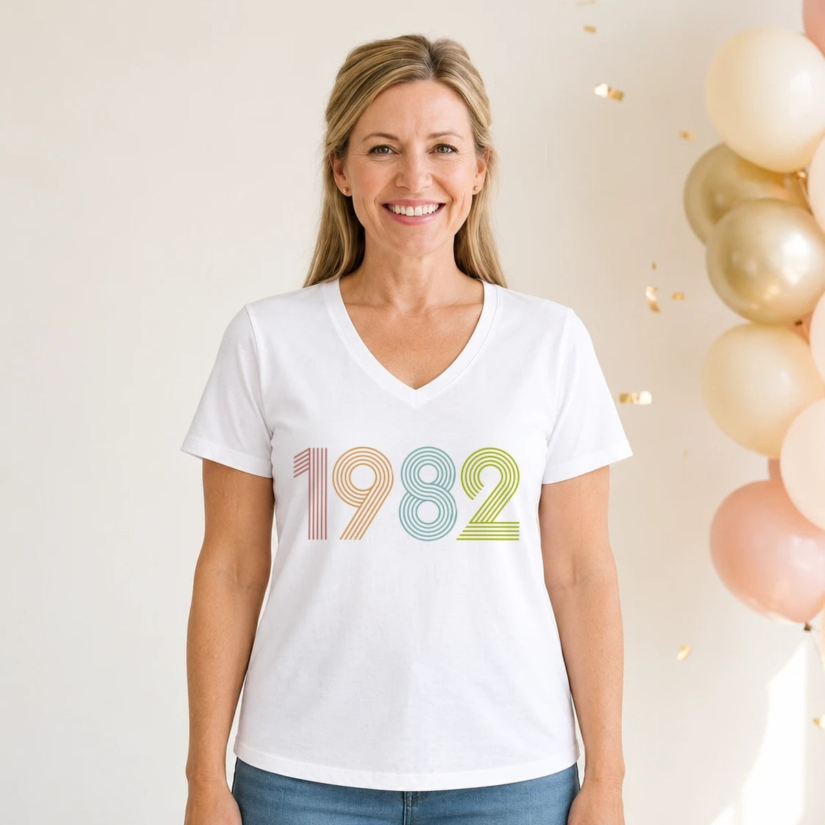 1982 Birth Year Shirt - Retro 44th Birthday T-Shirt for Women - White V-Neck