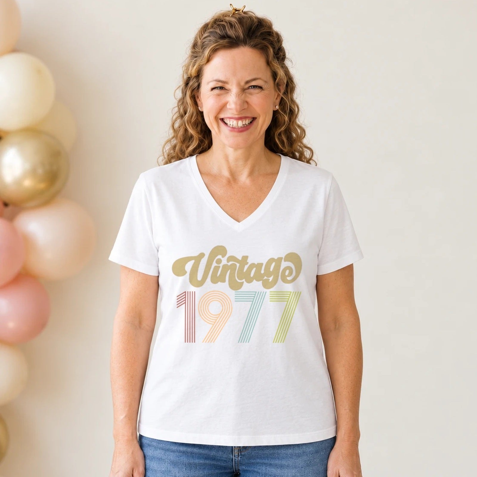 Vintage 1977 - Retro 49th Birthday T-Shirt for Women - White V-Neck