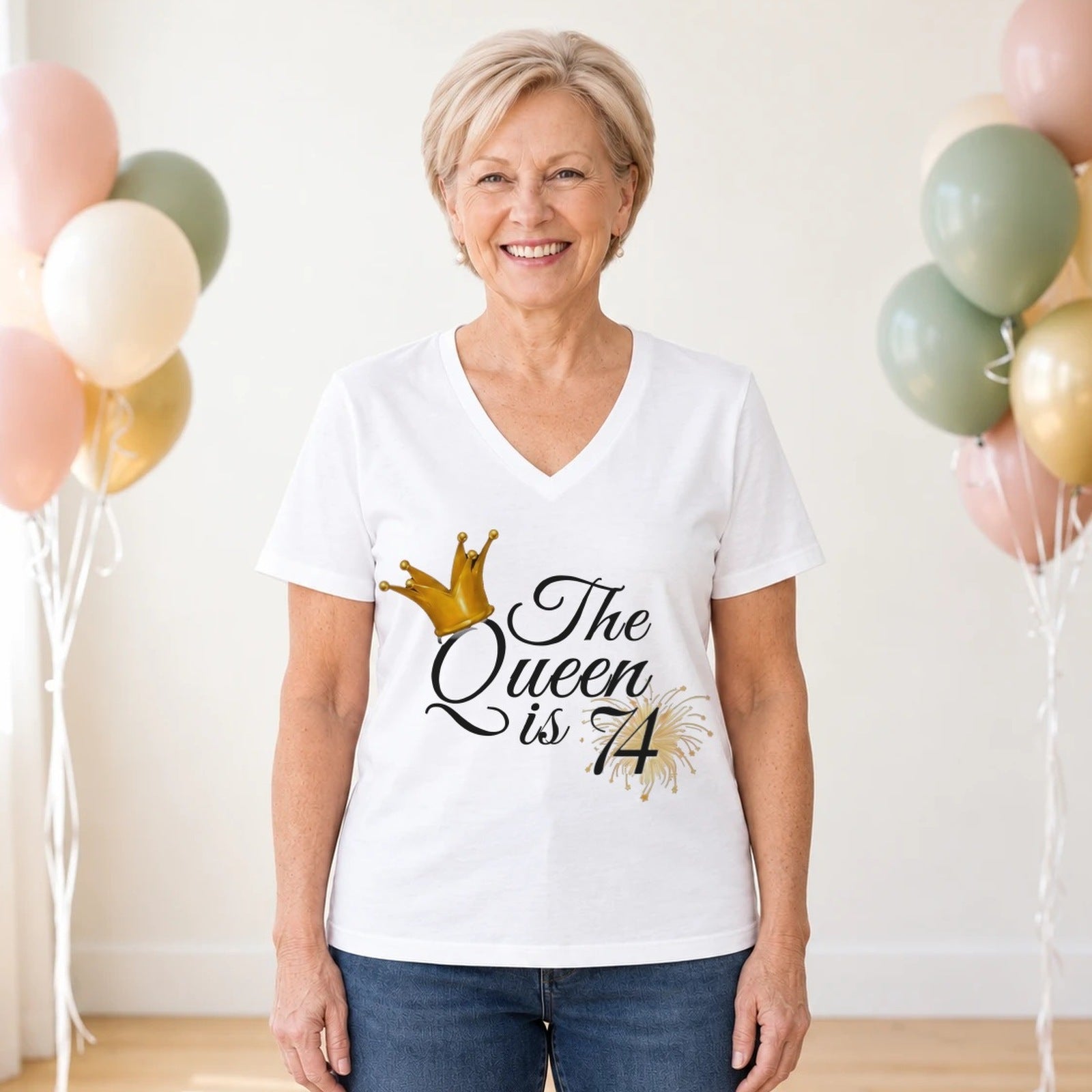 The Queen Is 74 - 74th Birthday Queen T-Shirt for Women - White V-Neck