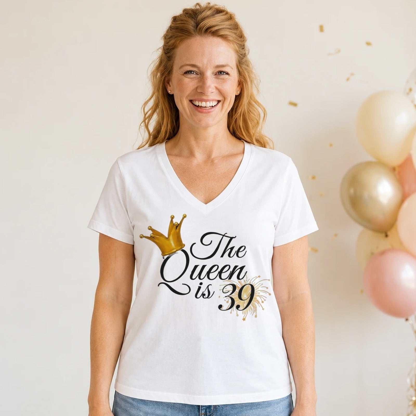 The Queen Is 39 - 39th Birthday Queen T-Shirt for Women - White V-Neck