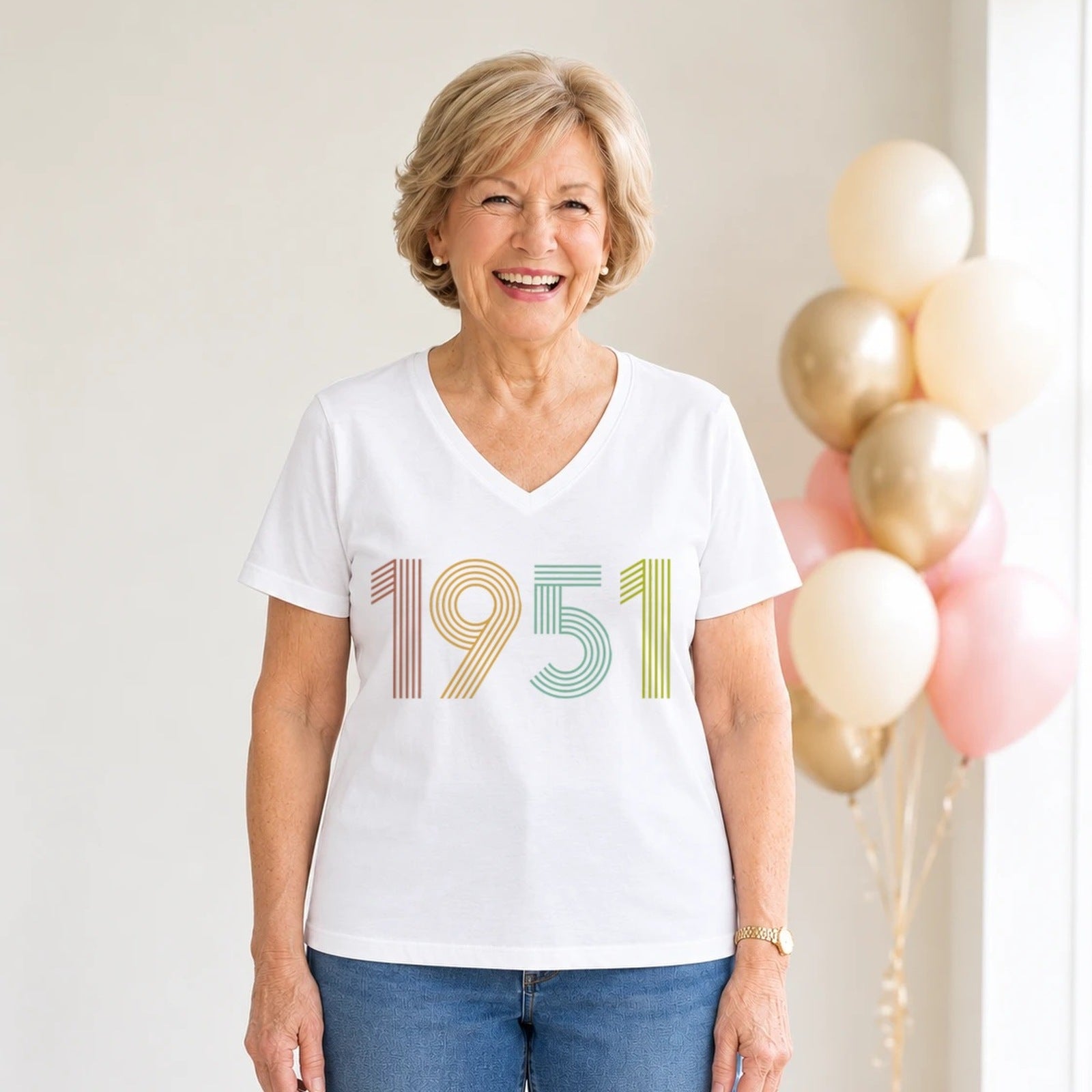 1951 Birth Year Shirt - Retro 75th Birthday T-Shirt for Women - White V-Neck