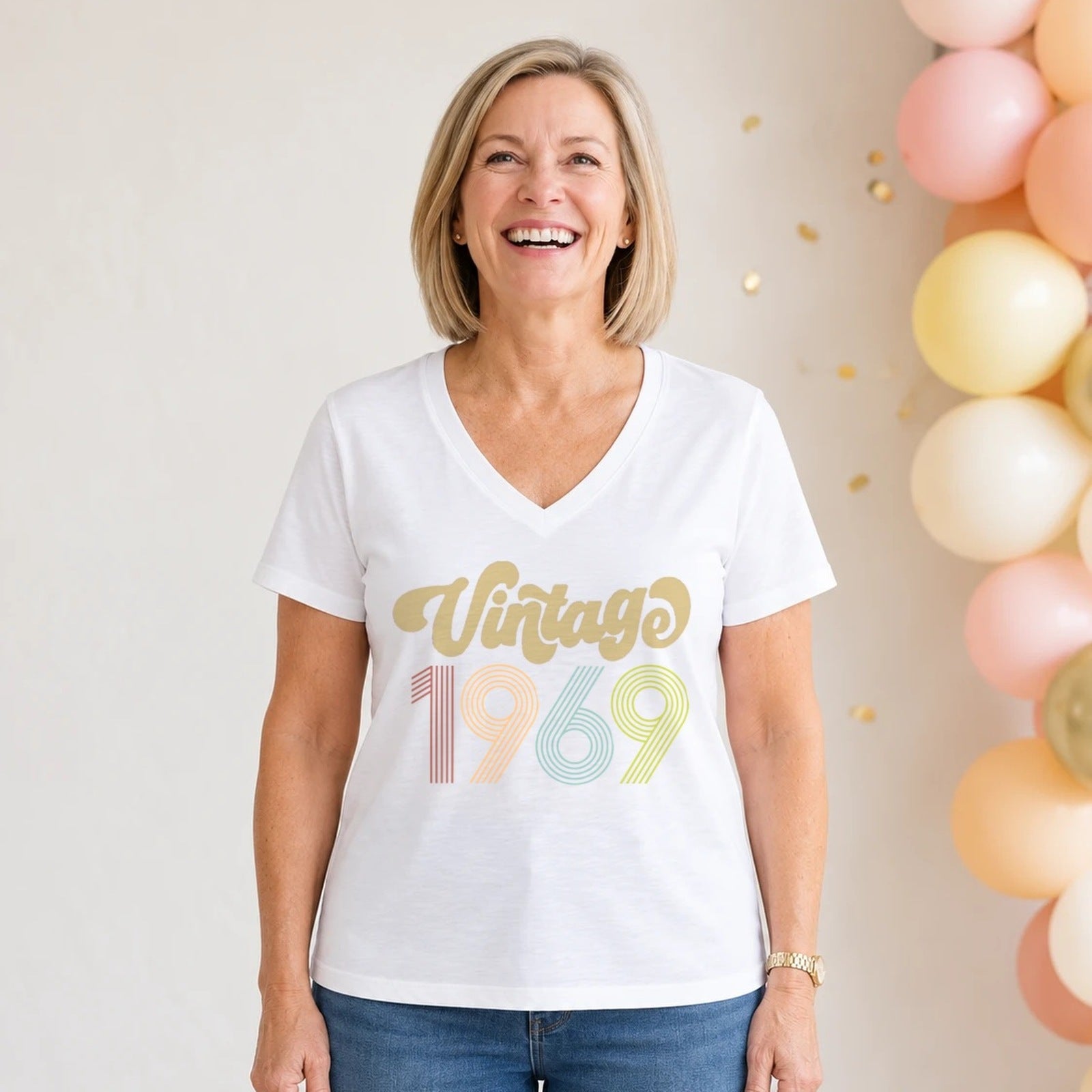 Vintage 1969 - Retro 57th Birthday T-Shirt for Women - White V-Neck