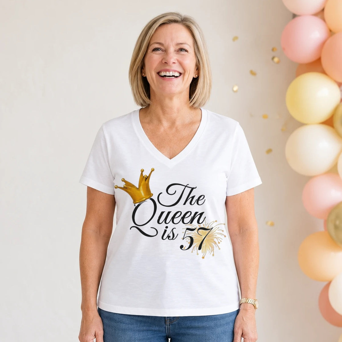 The Queen Is 57 - 57th Birthday Queen T-Shirt for Women - White V-Neck