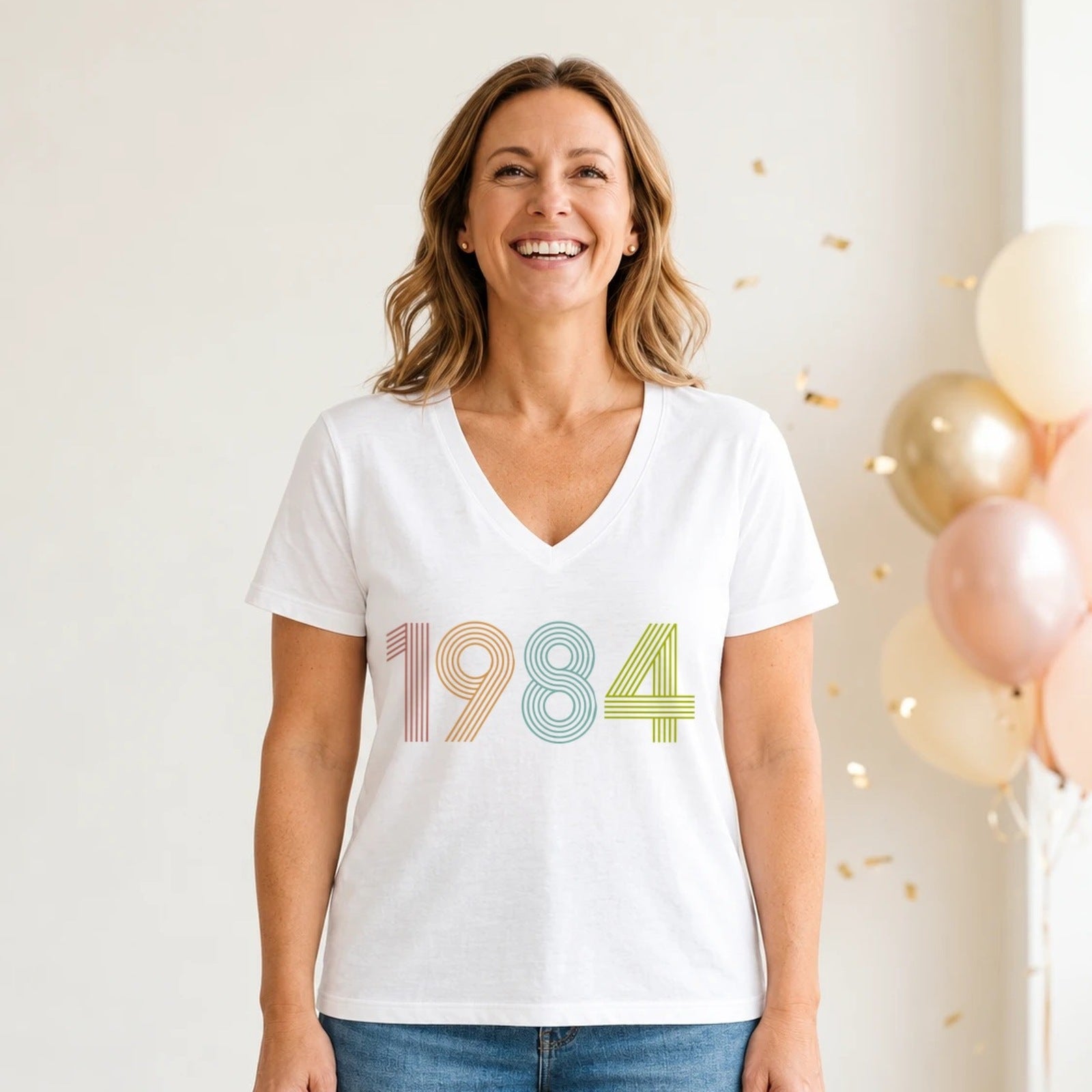 1984 Birth Year Shirt - Retro 42nd Birthday T-Shirt for Women - White V-Neck