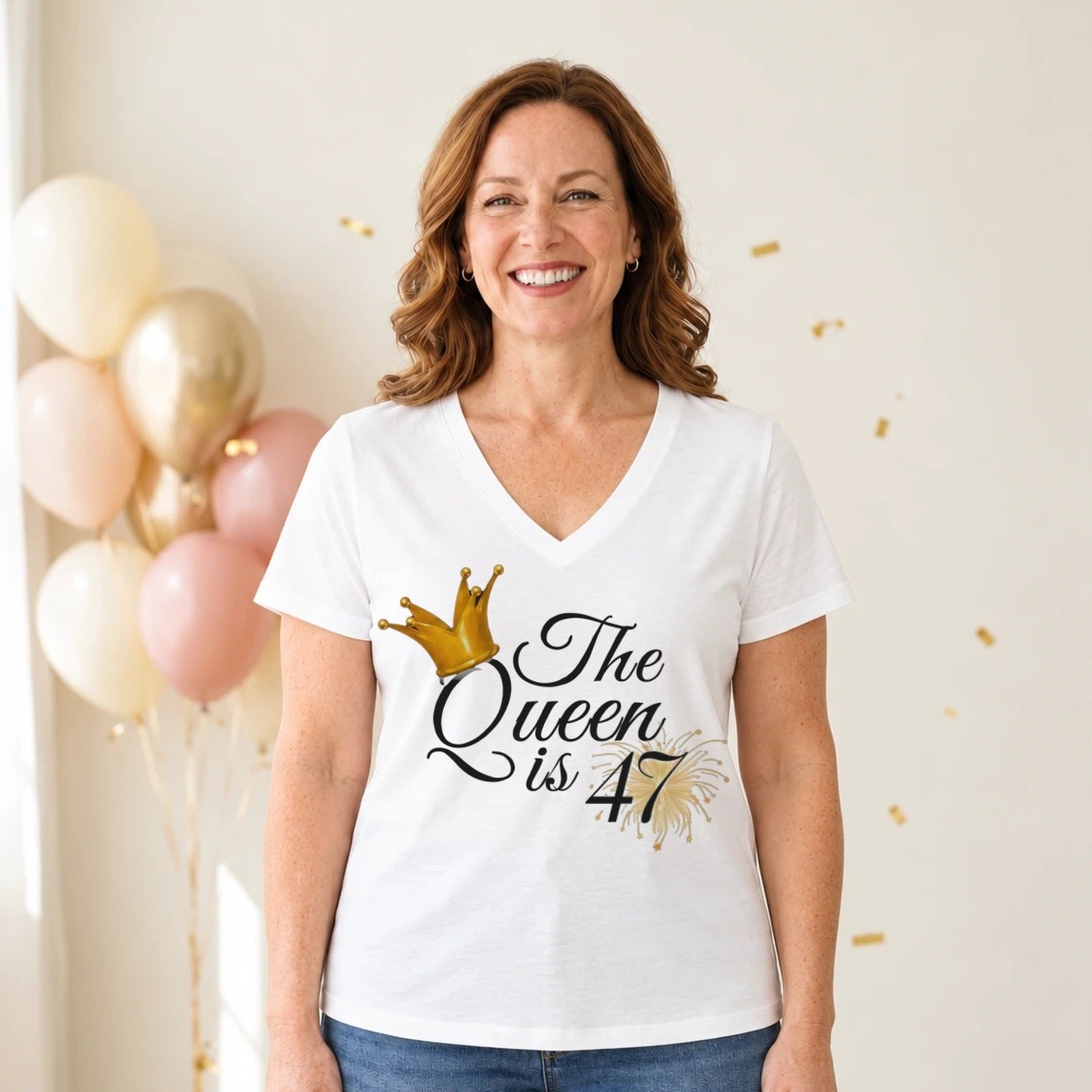 The Queen Is 47 - 47th Birthday Queen T-Shirt for Women - White V-Neck