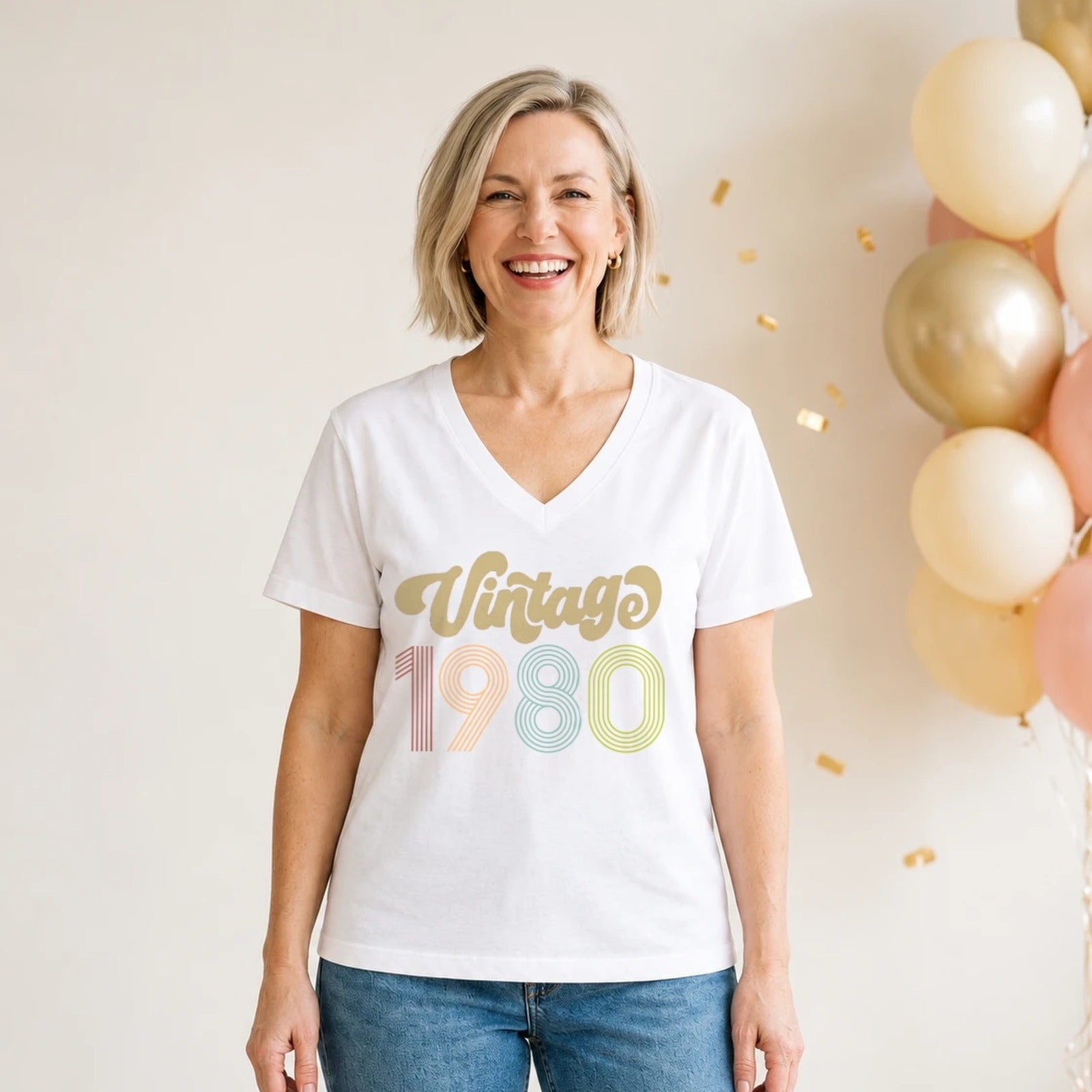 Vintage 1980 - Retro 46th Birthday T-Shirt for Women - White V-Neck