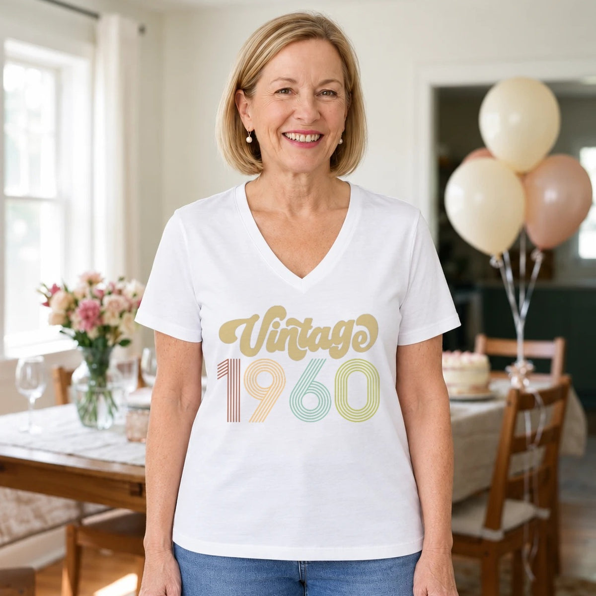 Vintage 1960 - Retro 66th Birthday T-Shirt for Women - White V-Neck