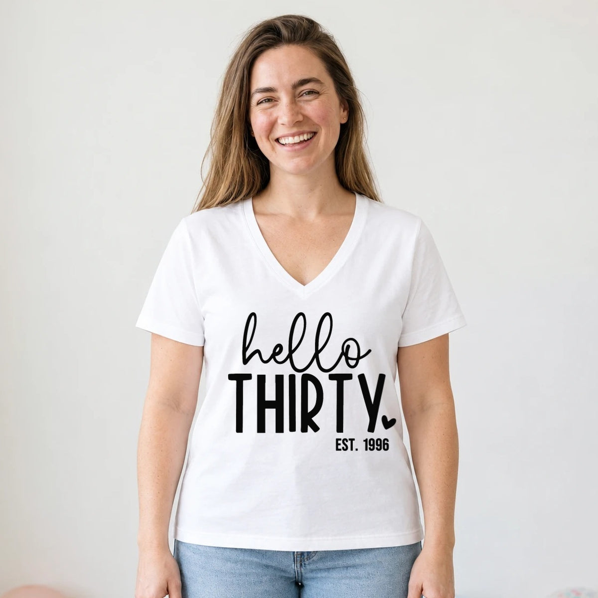 Hello Thirty 30th Birthday T-Shirt for Women - Est. 1996 - White V-Neck