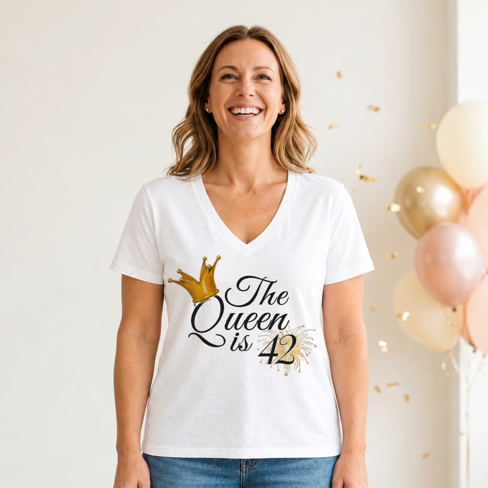 The Queen Is 42 - 42nd Birthday Queen T-Shirt for Women - White V-Neck