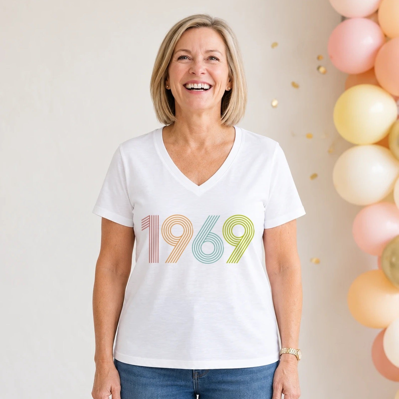 1969 Birth Year Shirt - Retro 57th Birthday T-Shirt for Women - White V-Neck