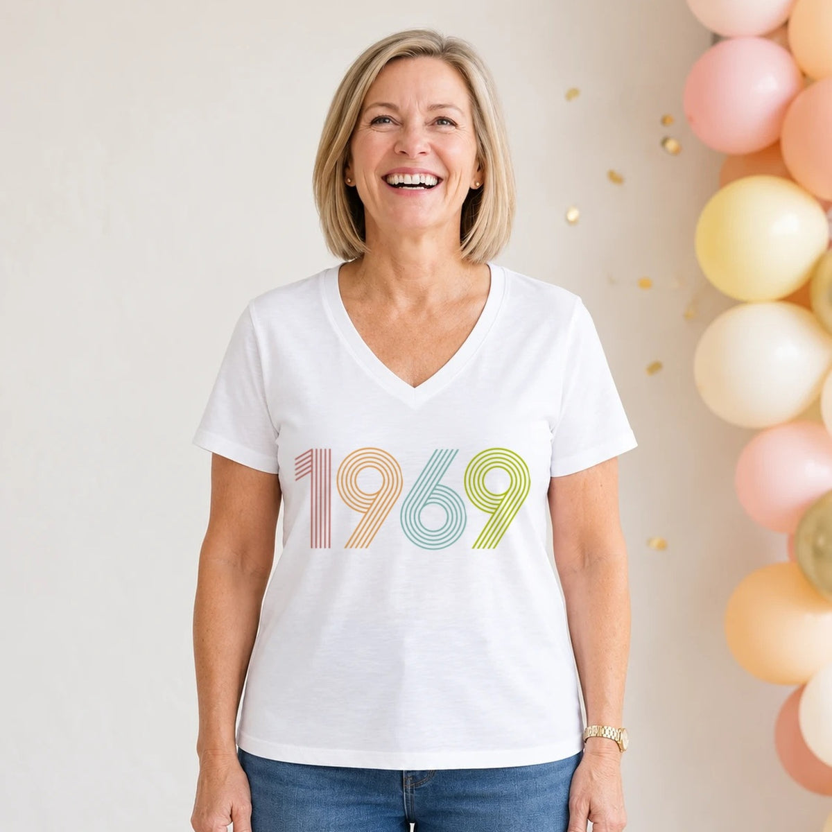 1969 Birth Year Shirt - Retro 57th Birthday T-Shirt for Women - White V-Neck
