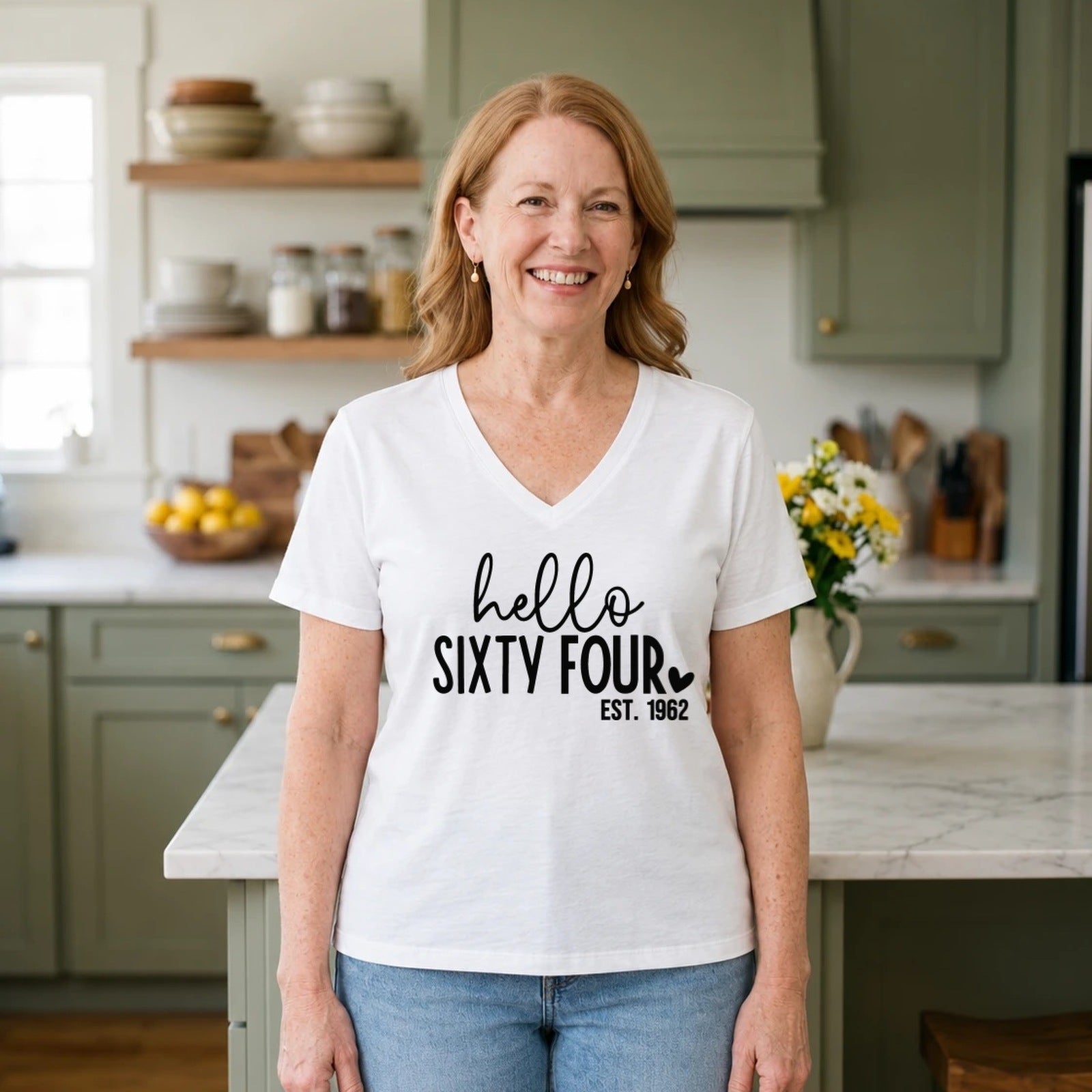 Hello Sixty-Four 64th Birthday T-Shirt for Women - Est. 1962 - White V-Neck