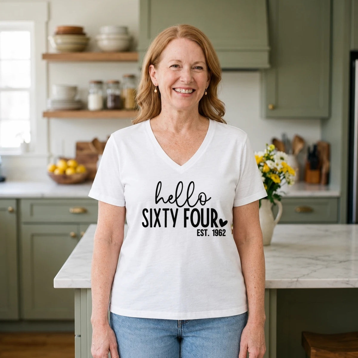Hello Sixty-Four 64th Birthday T-Shirt for Women - Est. 1962 - White V-Neck
