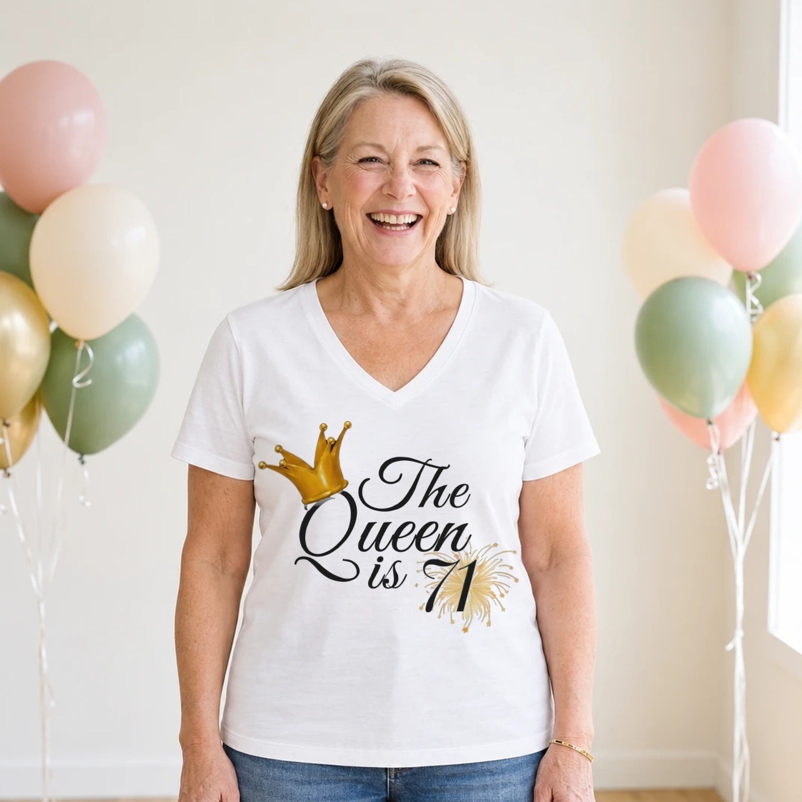 The Queen Is 71 - 71st Birthday Queen T-Shirt for Women - White V-Neck
