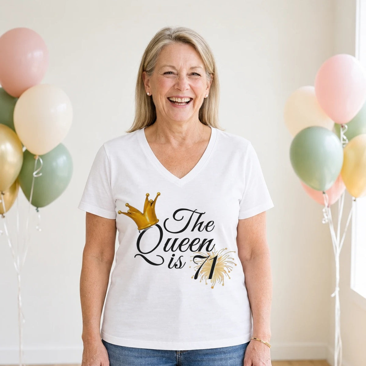 The Queen Is 71 - 71st Birthday Queen T-Shirt for Women - White V-Neck