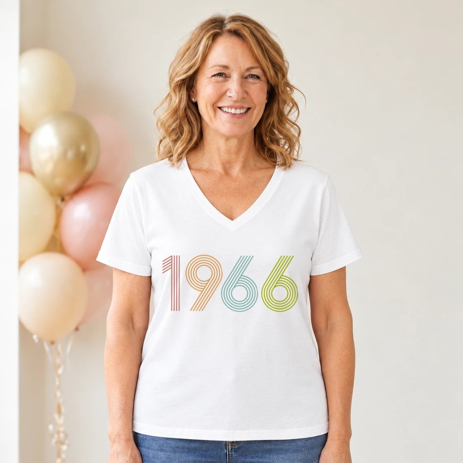 1966 Birth Year Shirt - Retro 60th Birthday T-Shirt for Women - White V-Neck
