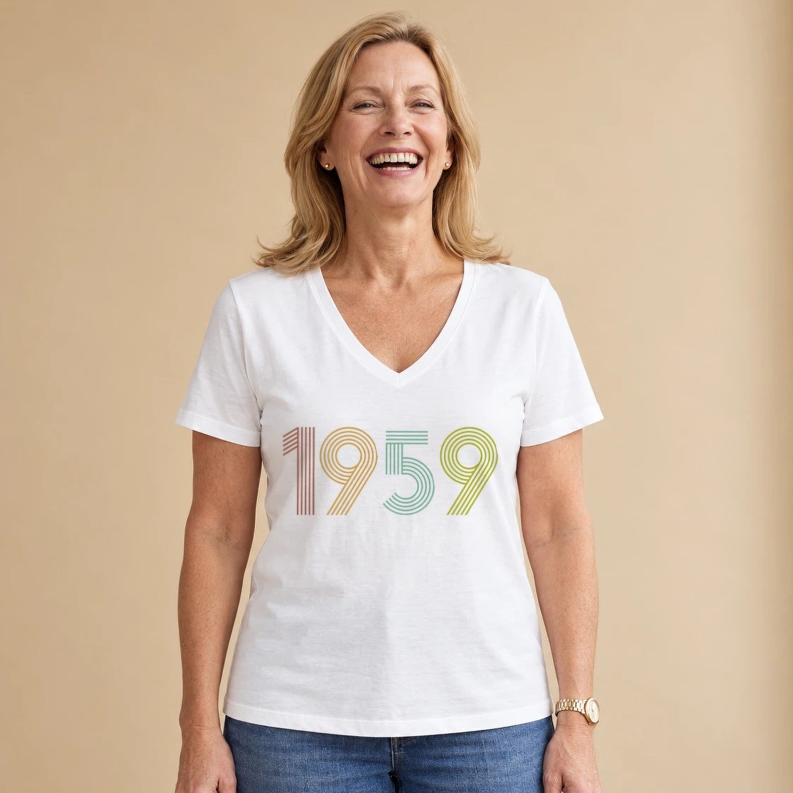 1959 Birth Year Shirt - Retro 67th Birthday T-Shirt for Women - White V-Neck